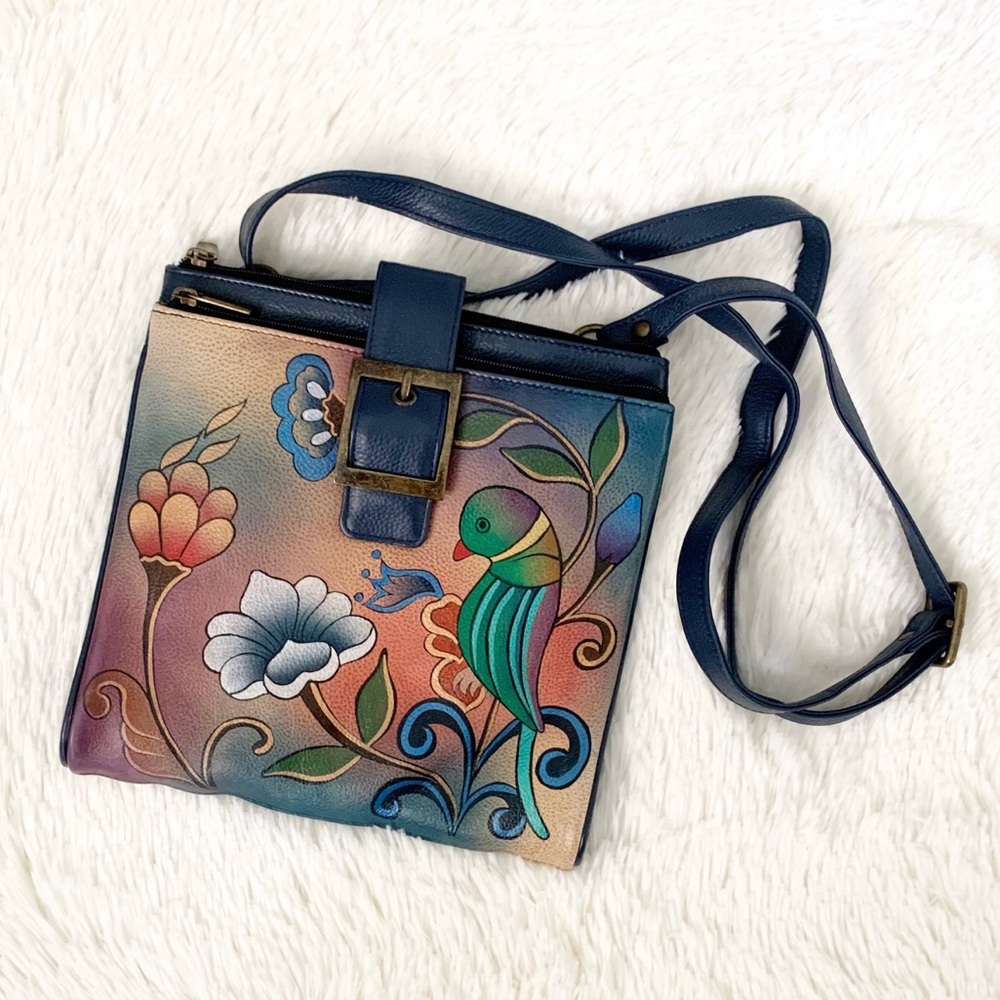 Anuschka Crossbody Purse Hand Painted Portuguese Parrot Blue Bird